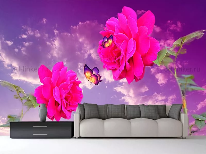 Фотообои на стену РИСУНОК РОЗОВЫЕ РОЗЫ БАБОЧКИ цена фото купить - 3d ...