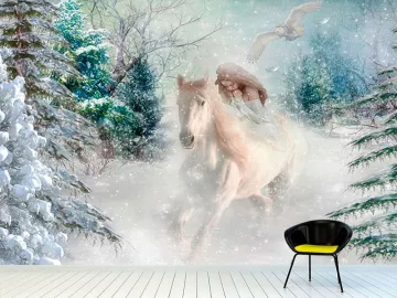 Фотообои на стену БЕЛАЯ ЛОШАДЬ ВСАДНИЦА ЗИМНИЙ ЛЕС