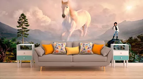 Фотообои на стену БЕЛАЯ ЛОШАДЬ СОСНА КАМНИ МАЛЬЧИК
